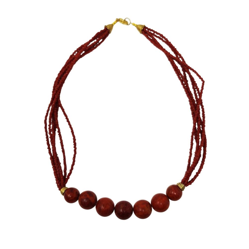 Vintage Lee Sands Beaded Necklace Collar Red Orange Glass Strand Boho Aztec